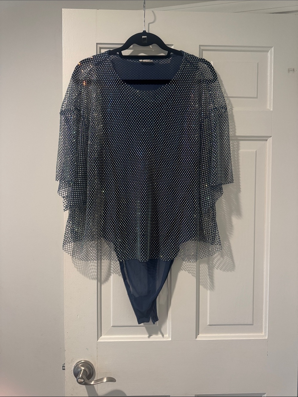 Free People Sequin Navy Mesh Tiered Blouse with attached Bodysuit